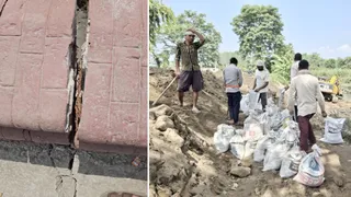 भाखड़ा बांध में आई दरार और मौके पर काम करते मजदूर