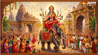 शारदीय नवरात्र 2026: माता दुर्गा की सवारी हाथी क्यों है शुभ और इसका क्या है महत्व (Picture Credit: AI Generated)