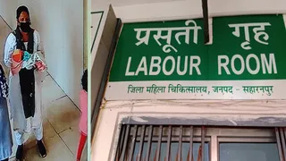मास्क पहन कर जिला महिला अस्पताल से नवजात शिशु को ले जाती महिला। सीसीटीवी