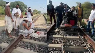 चित्रकूट में रेल पटरी के पास 'हनुमान अंश' की शूटिंग के दौरान के दृश्य।
