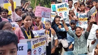 शिक्षक पर हमले के विरोध में शिक्षकों ने निकाला मार्च।