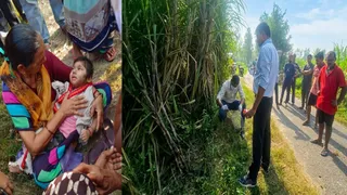 घटनास्थल पर मिली मासूम बच्ची को दुलार करती गांव की महिला और जांच करती फॉरेंसिक टीम। जागरण
