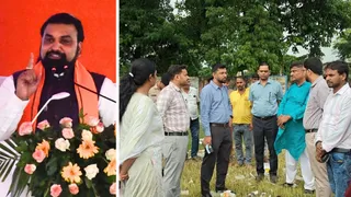 सीएम सम्राट चौधरी की फाइल फोटो व आयोजन स्थल का जायजा लेते डीएम व एसएसपी। साथ में हैं कांटी विधायक व अन्य।