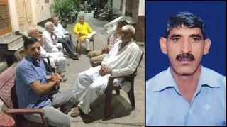 घर के बाहर जुटे लोग और रिटायर्ड फौजी की फाइल फोटो। तस्वीर बाएं से दाएं
