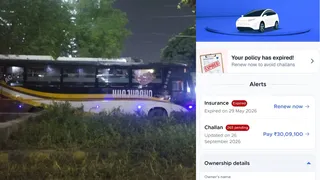 परी चौक के पास खड़ी बस व बस के कटे चालान का स्क्रीनशाट। सौ- परिवहन विभाग का एप