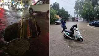 अमीनाबाद में प्रकाश कुल्फी के सामने सड़क धंस गई, जानकीपुरम सेक्टर डी में जल भराव