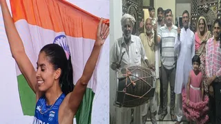 एशियाई खेलों में कांस्य पदक जीतने के बाद प्राची चौधरी और उनके गांव में जश्न मनाते स्वजन और अन्य।