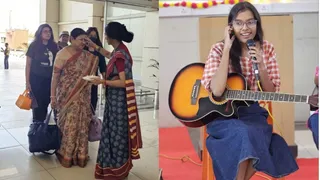 हिंडन एयरपोर्ट पर यात्रियों का तिलक लगाकर स्वागत करती अधिकारी व हिंडन एयरपोर्ट पर प्रस्तुति देती युवती। सौ- इंटरनेट मीडिया