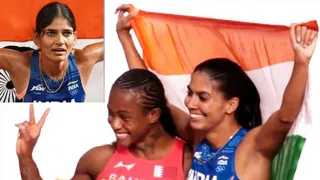 महिलाओं की 400 मीटर दौड़ की स्वर्ण विजेता अफ्रीकी मूल की एथलीट बहरीन की सलवा नासेर के साथ कांस्य पदक विजेता प्राची चौधरी और इंसेट में पारुल चौधरी। सौ. सोशल मीडिया