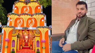 नावानगर का पूजा पंडाल और लाइसेंस लेने वाले मुस्लिम परिवार के रिंटू मियां। जागरण