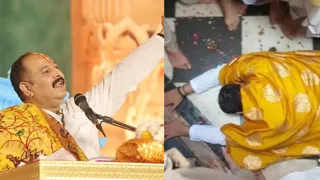 प्रदीप मिश्रा कथा करते हुए और दूसरे चित्र में दंडवत होने के दौरान जो फाइल है।