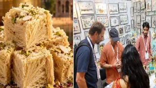 सोनपापड़ी का फाइल फोटो और ग्रेटर नोएडा में आयोजित इंटरनेशनल ट्रेड शो में माटीहार ब्रांड के पत्थरों की कलाकृतियों को देखते खरीदार। सौ. कंपनी।