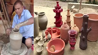 मिट्टी के बर्तन बनाते देवेंद्र कुमार।
