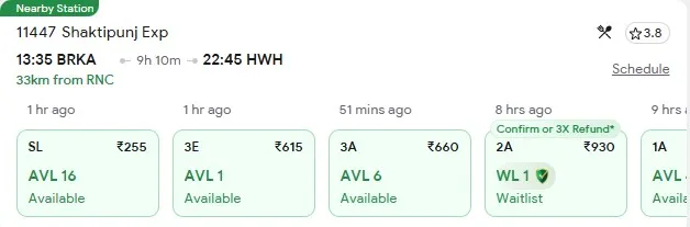 3 october ranchi to kolkata train