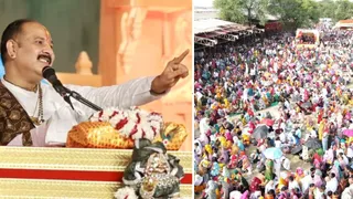 बरसाना में कथा सुनाते पं. प्रदीप मिश्रा। दूसरे फोटो में कथा सुनने को उमड़ी भीड़।
