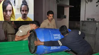 सौरभ का शव इसी ड्रम में डालकर सीमेंट से जमाया गया था। जागरण आर्काइव, इंसेट में मुस्कान व साहिल के फाइल फोटो