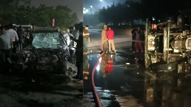 नोएडा में दर्दनाक सड़क हादसा, तेज रफ्तार कार और ट्रक की टक्कर के बाद लगी आग
