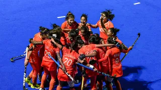 फ़ाइनल में स्वर्ण पदक जीतने के बाद भारतीय खिलाड़ी जश्न मनाते हुए। फोटो- पीटीआई