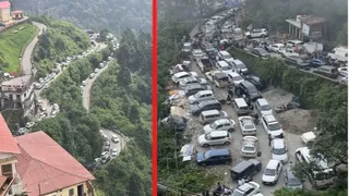 शुक्रवार को मसूरी के पिक्चर पैलेस चौक पर वाहनों का जाम। जागरण