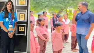 एशियन गेम्स में पदक लाने से पहले पारुल चौधरी के लिए प्रार्थना करते कंपोजिट विद्यालय के बच्चे साथ में खेल प्रशिक्षक गौरव त्यागी। सौ. खेल विभाग