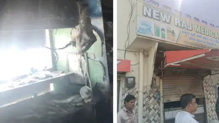 मवाना में मेडिकल स्टोर में लगी आग।