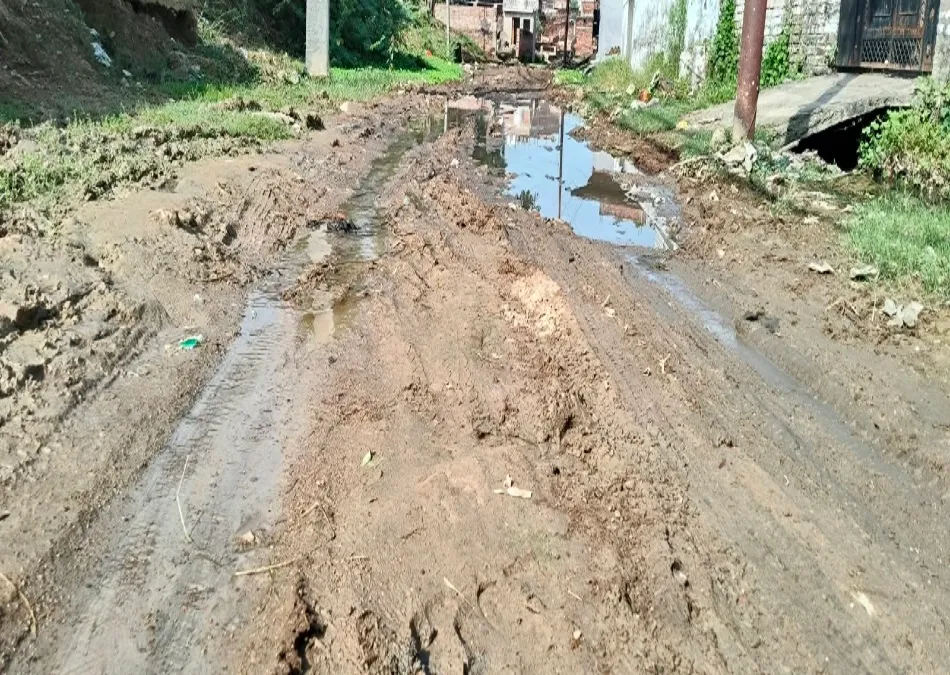Waterlogging and mud on road in Umarpur Niva