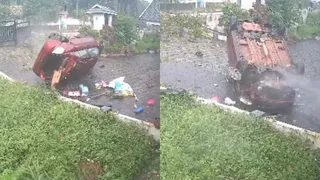 बाउंड्री वॉल तोड़कर बगीचे में पलटी तेज रफ्तार SUV