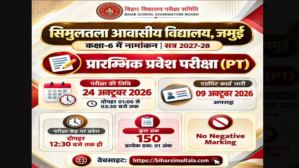 Bihar Simultala Class 6 entrance exam Admit card