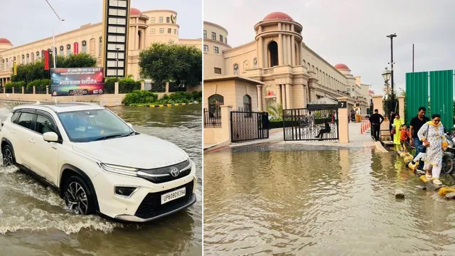 लखनऊ में इकाना स्टेडियम से प्लासियो की ओर जाने वाले मार्ग पर भरा गोमती नदी का पानी, यातायात धीमी गति से संचालित