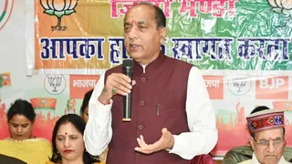 मंडी में भाजपा के कार्यक्रम में संबोधित करते नेता प्रतिपक्ष जयराम ठाकुर।