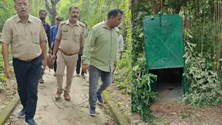 प्रयागराज के झूंसी स्थित NHI परिसर में गश्त करते वनकर्मी व तेंदुआ को पकड़ने के लिए लगाया गया पिंजरा। सौ. विभाग