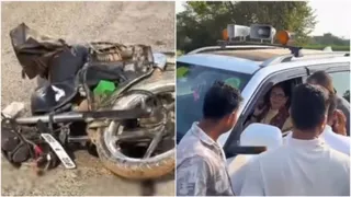 टक्कर से बाइक क्षतिग्रस्त, सांसद के वाहन को लोगों ने घेरा।