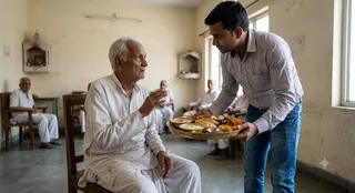 बुजुर्ग को भोजन खिलाता युवक ( एआई जेनरेटेड इमेज )
