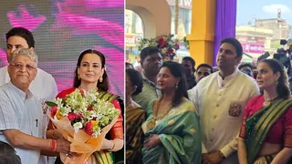 कंगना रनौत का बुके भेंट कर स्वागत करते अयोध्या के विधायक वेदप्रकाश गुप्त