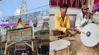 शहर के बड़ी दुर्गा मंदिर में नगाड़ा और शहनाई बजा रहे मु. सलमान और मु. नसीम। (जागरण)