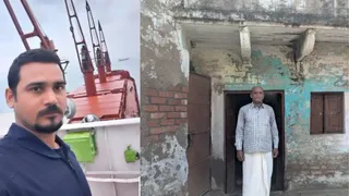 प्रयागराज के लालापुर:स्थित घर पर बंदरगाह पर फंसे बेटे विनीत की राह देखते ललित किशोर मिश्रा। जागरण