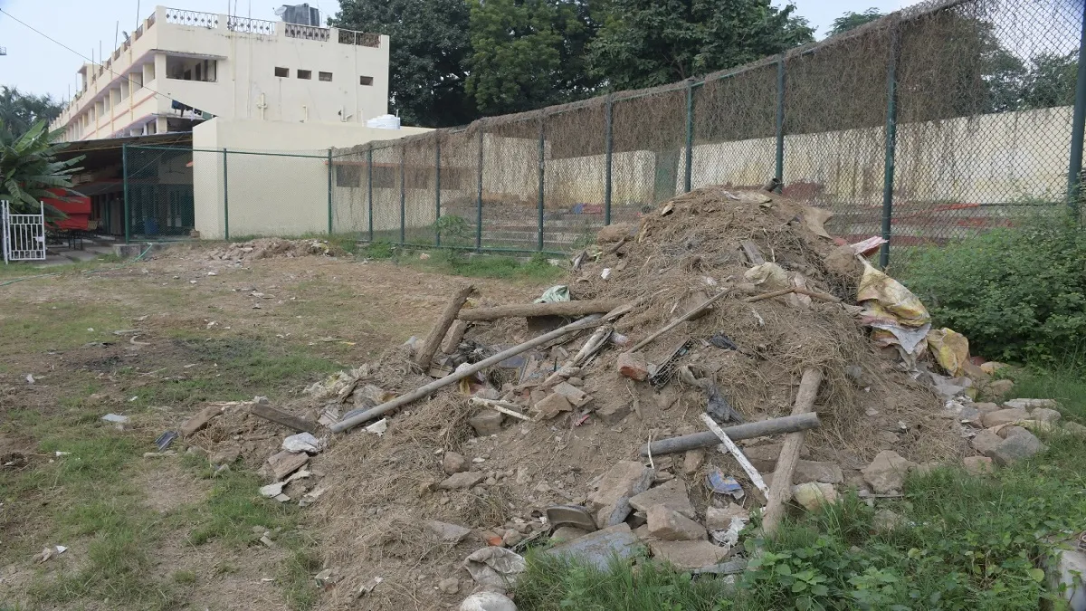 Prayagraj MMM Stadium Piles of debris