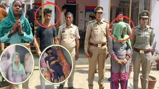 दोनों आरोपितों और अमित का फाइल फोटो और इंसेट में कोर्ट परिसर में पहुंचीं अमित की मां।