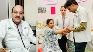 आयुर्वेदिक कॉलेज एवं अस्पताल पपरोला के प्राचार्य डॉ. विजय चौधरी व महिला का उपचार करते चिकित्सक। जागरण