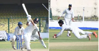 ग्रीन पार्क स्टेडियम में रणजी ट्राफी मुकाबला में शाट लगाते रिंकू सिंह व कैच पकड़ते गोवा के खिलाड़ी । जागरण
