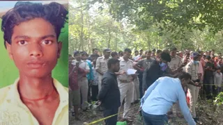 युवक की फाइल फोटो व घटना स्थल पर जुटी स्थानीय लोगों की भीड़।