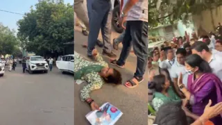 ट्रॉमा सेंटर से सीएम का काफिला जब लौट रहा था, तभी एक महिला उनकी गाड़ी के आगे लेट गई। (वीडियो ग्रैब)