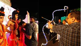 भगवान राम के स्वरूप को नमन करते अरविंद केजरीवाल और बाण चलाकर रावण का दहन करते हुए। फोटो: एक्स