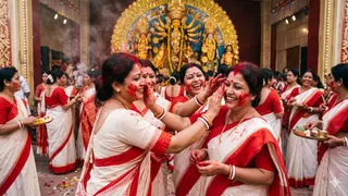 दुर्गा पूजा में सिंदूर खेला: मां की विदाई का गहरा संदेश और परंपरा (Picture Credit: AI Generated)