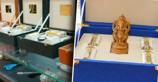 चाॅकलेट के साथ इत्र का गिफ्ट पैक व चंदन की श्रीगणेश मूर्ति के साथ गिफ्ट। जागरण