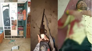 डकैतों की दबिश के बाद बिखरा अलमारी का सामान, ग्रामीणों ने छीनी बंदूक, घायल को अस्पताल में कराया भर्ती।