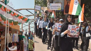 तिरंगा फहराते आजाद हिंद फौज के लेफ्टिनेंट आर. माधवन पिल्लई और रैली निकालते विद्यार्थी।