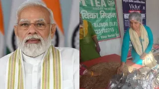 पीएम मोदी और गांव लक्खीवाला में विदुर प्रेरणा स्वदेशी हर्बल टी की पैकिंग करतीं समूह की महिलाएं