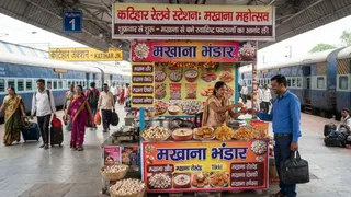 कटिहार रेलवे स्टेशन के प्लेटफॉर्म नंबर 1 पर मखाना उत्पादों के नए काउंटर (एआई द्वारा जेनरेट इमेज)