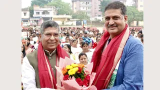 झारखंड बीजेपी अध्यक्ष आदित्य साहू और प्रभारी सौरभ सिंह। फाइल फोटो